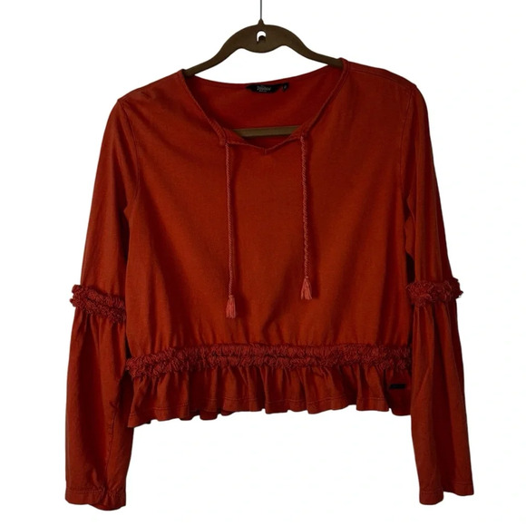 The Roadster Top Women Medium Orange Rust V-Neck Ruffled Long Sleeve Blouse Boho - Picture 1 of 11